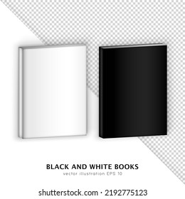 Set of two realistic white and black hardcover books isolated on transparent background. 3D Mockup of blank isometric magazine, textbook, diary, brochure,  etc. Vector layout design for branding