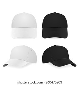 Set of two realistic white and black baseball caps isolated on white background. Vector illustration.  