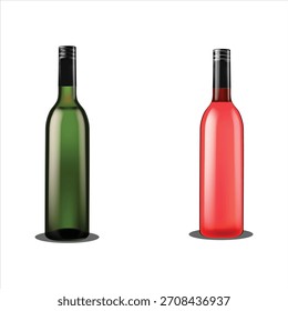 Set of Two Realistic Wine Bottles, Dark Green and Red Rosé, Sealed Alcohol Beverage Packaging Mockup for Label Design Vector Illustration
