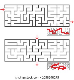 A set of two rectangular mazes with an entrance and an exit. Simple flat vector illustration isolated on white background. With the correct answer.