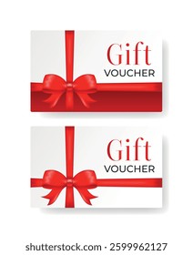 Set of two rectangular templates for creating cards, vouchers, discount cards, gift wrap with red satin bow and cross ribbon