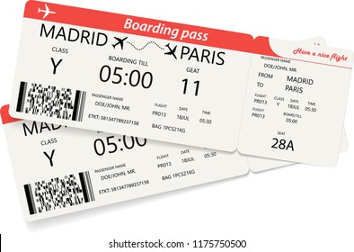 Set of two red boarding pass tickets over white background. Vector illustration.