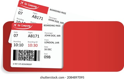 Set of two red boarding pass tickets over white background. Vector illustration.