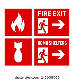 Set of Two Red Evacuation Signs - Fire Exit, and Bomb Shelters. The Signs Show the Direction of the Escape