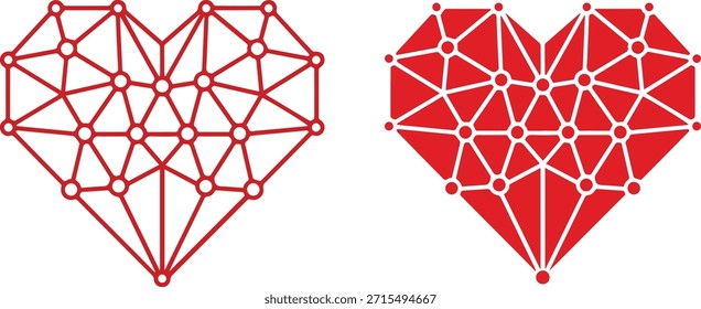 A set of two red heart shapes displayed side-by-side. One is a wireframe with visible nodes connected by lines, and the other is a solid, filled polygonal shape also featuring the node structure. 