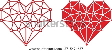 A set of two red heart shapes displayed side-by-side. One is a wireframe with visible nodes connected by lines, and the other is a solid, filled polygonal shape also featuring the node structure. 