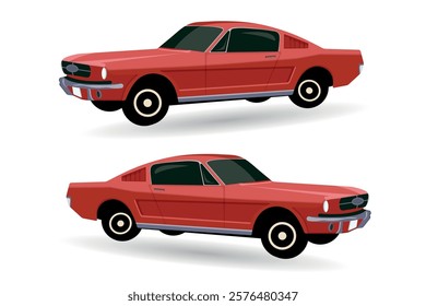 Set of two red passenger retro cars on a white background, vector illustration