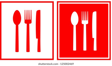 set of two red restaurant sign with spoon, fork and knife