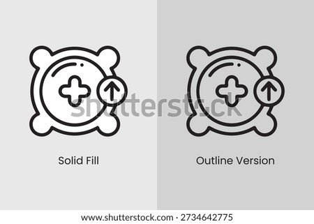 A set of two related icons representing a medical add function, featuring a central plus sign within a rounded square shape with four corner circles, and an upward arrow indicating an upload or additi