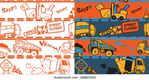 Set of Two Repeat Allover Truck Print Pattern / Orange color on White Background / Bright Colors on Orange and Gray Stripe Background / Global Colors Saved with Pattern Swatches