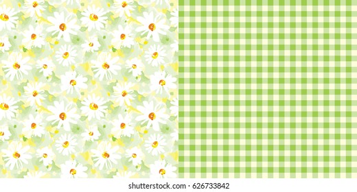 Set of Two Repeat Floral Daisy Print and Green Gingham Patterns / Vector Illustration / Yellow and Green / Patterns saved to Pattern Swatches