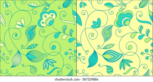Set of Two Repeat Floral and Vine Patterns / Vector Illustration / Lime green & yellow / Patterns saved to Pattern Swatches