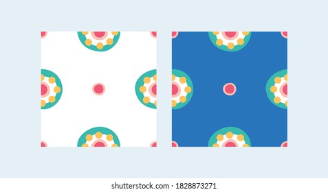Set of two repeatable patterns on various background you can recolor. Ethnic folk abstract illustration.  Stylized flowers pattern fill. Dymkovo style. Digital seamless paper. Endless pattern