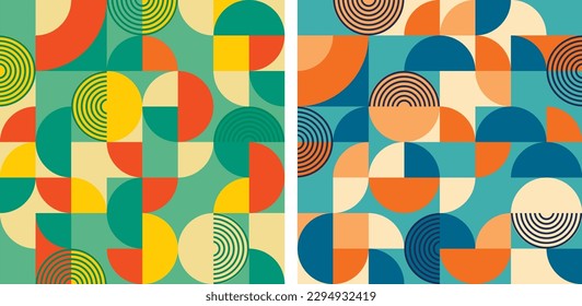 Set of two retro bauhaus seamless pattern, 60s abctract geometric backgrounds