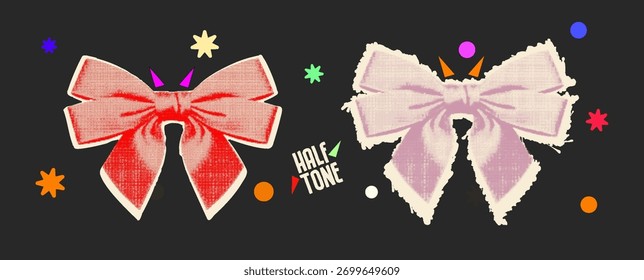 Un conjunto de dos lazos retro con un efecto de textura de semitono y Formas abstractas coloridas sobre un fondo oscuro