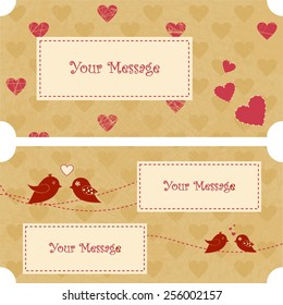 Set of two retro cards. Birds fall in love. Pink and beige hearts. Place for text