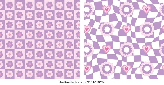 Set of two retro flower seamless pattern. Floral checkered prints in purple and blush color. Y2k groovy psychedelic fun pattern background.