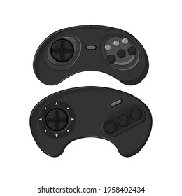 Set of two retro gamepads. Two vector joysticks with six and three buttons. Set of controllers for old game console isolated on a white background.