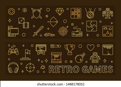 Set of two Retro Games concept outline golden banners. Vector illustration in thin line style on dark background