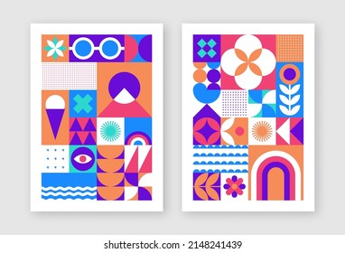 Set of two retro geometric posters. Bauhaus design template. Vector summer time covers.