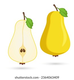 set of Two ripe pear and its pieces. Two pieces sliced of yellow pear fruit cut on isolated background. And Cut of healthy pear fruit concept
