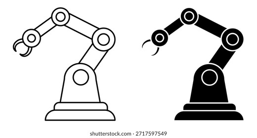 A set of two robotic arm icons, one outlined and one solid black, representing industrial automation and technology.