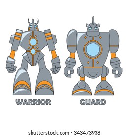 Set of two robots isolated on white background. Vector illustration. Warrior and Guard. Cartoon  illustration for your design.