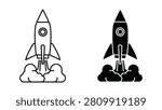 A set of two rocket ship icons showing a launch sequence in both outline and solid black vector graphic styles.