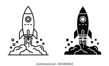 A set of two rocket ship icons showing a launch sequence in both outline and solid black graphic styles.