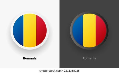 Set of two Romania flag buttons in black and white background. Abstract shiny metallic rounded buttons with national country flag