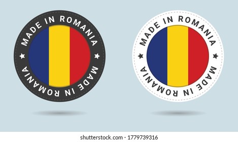 Conjunto de dos stickers rumanos. Hecho en Rumania. Iconos simples con banderas.