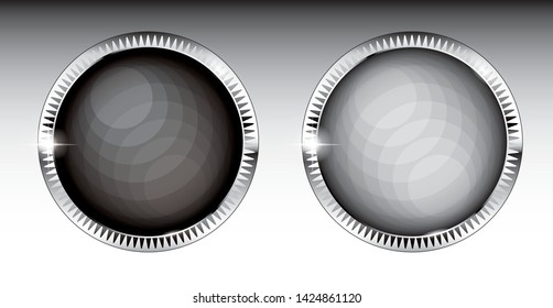 Set of two round black and white backgrounds with a silver frame, with space for your text. Vector illustration