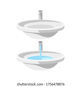 Set of two round ceramic sinks with water faucets, empty and faucet-filled sink 3d objects, plumbing illustration