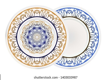Set of two round decoration frame and Sacred Oriental Mandala. Floral Ornament. Vector Illustration. 