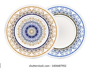 Set of two round decoration frame and Sacred Oriental Mandala. Floral Ornament. Vector Illustration. 