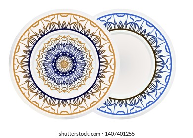 Set of two round decoration frame and Sacred Oriental Mandala. Floral Ornament. Vector Illustration. 