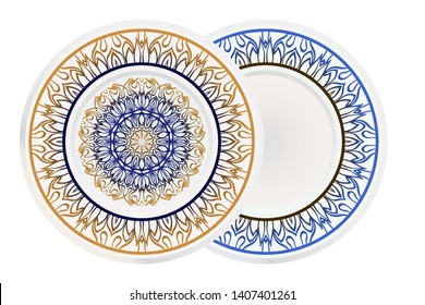 Set of two round decoration frame and Sacred Oriental Mandala. Floral Ornament. Vector Illustration. 