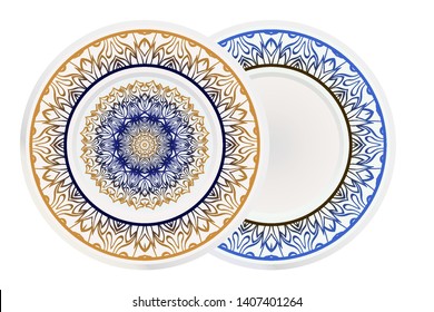 Set of two round decoration frame and Sacred Oriental Mandala. Floral Ornament. Vector Illustration. 