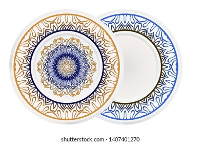 Set of two round decoration frame and Sacred Oriental Mandala. Floral Ornament. Vector Illustration. 