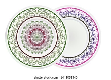 Set of two round decoration frame and Sacred Oriental Mandala. Floral Ornament. Vector Illustration. 