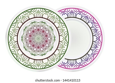 Set of two round decoration frame and Sacred Oriental Mandala. Floral Ornament. Vector Illustration. 