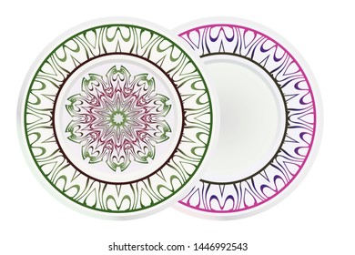 Set of two round decoration frame and Sacred Oriental Mandala. Floral Ornament. Vector Illustration. 
