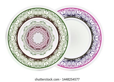 Set of two round decoration frame and Sacred Oriental Mandala. Floral Ornament. Vector Illustration. 
