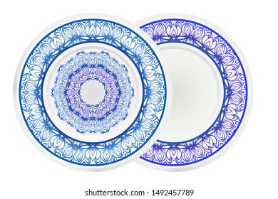 Set of two round decoration frame and Sacred Oriental Mandala. Floral Ornament. Vector Illustration. 