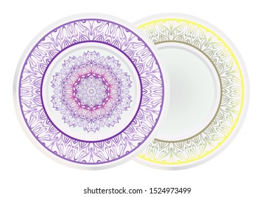 Set of two round decoration frame and Sacred Oriental Mandala. Floral Ornament. Vector Illustration. 