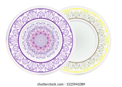 Set of two round decoration frame and Sacred Oriental Mandala. Floral Ornament. Vector Illustration. 