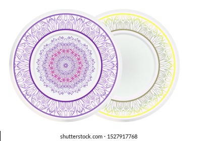 Set of two round decoration frame and Sacred Oriental Mandala. Floral Ornament. Vector Illustration. 