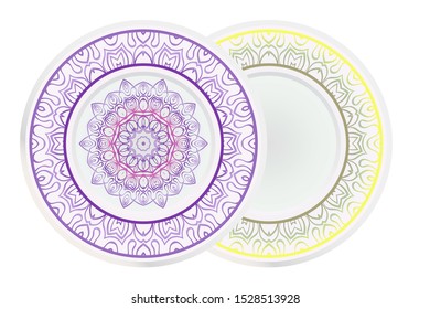 Set of two round decoration frame and Sacred Oriental Mandala. Floral Ornament. Vector Illustration. 