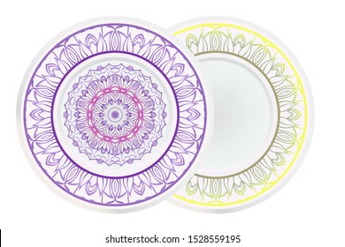 Set of two round decoration frame and Sacred Oriental Mandala. Floral Ornament. Vector Illustration. 
