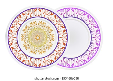 Set of two round decoration frame and Sacred Oriental Mandala. Floral Ornament. Vector Illustration. 